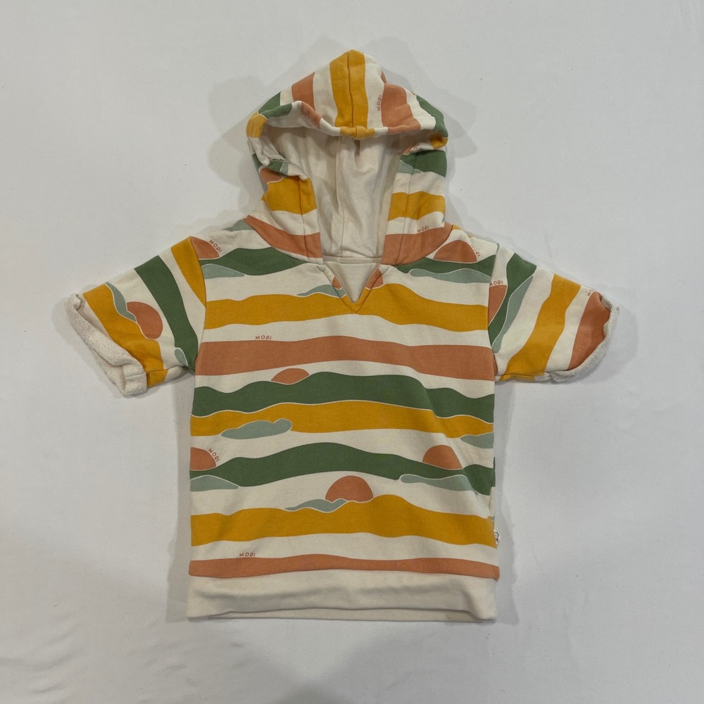 MORI Landscape Stripe Short Sleeve Hoodie Kids 18-24M Yellow Green | Boho Scandi